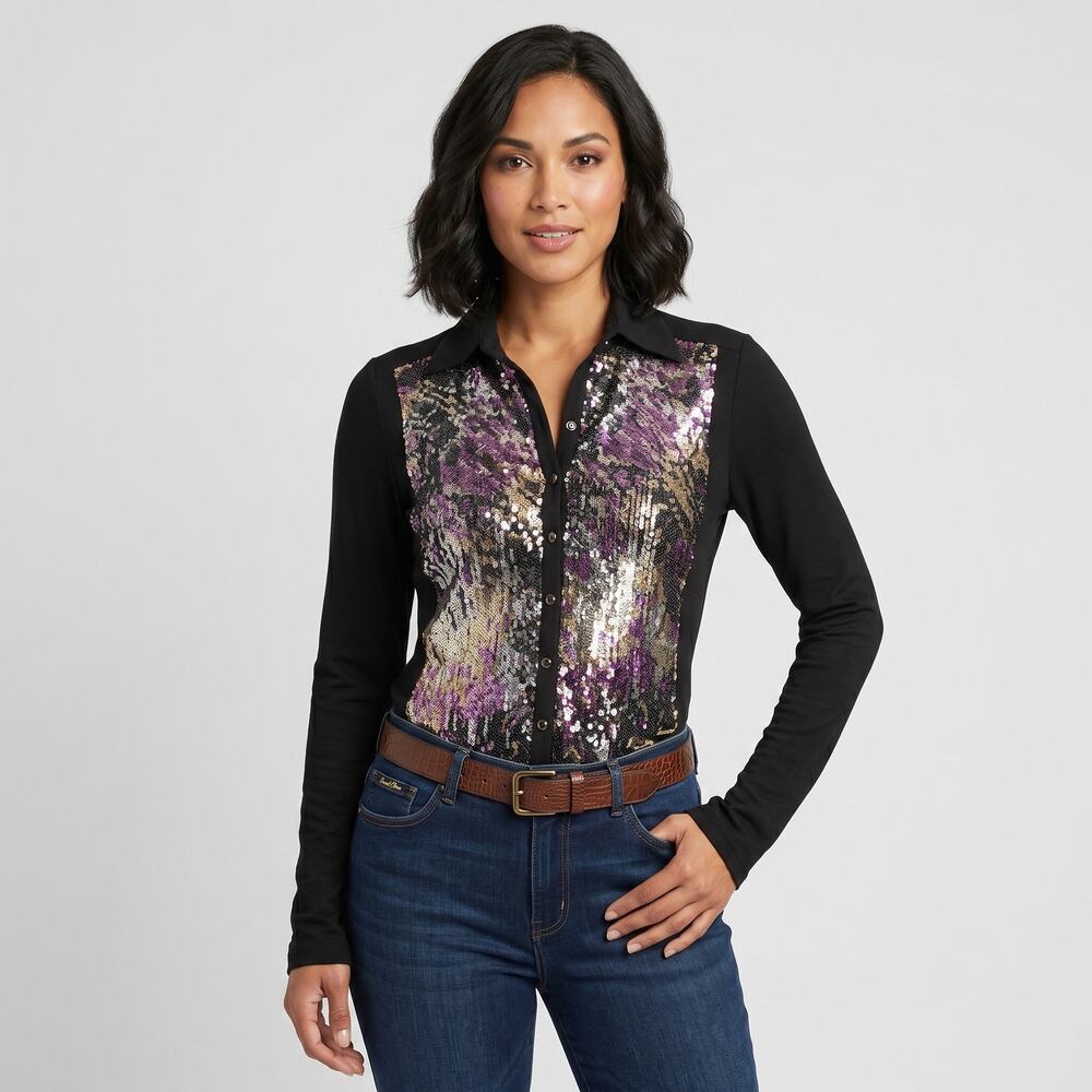 DAVID CLINE Sequin front Button up Blouse Black size Medium